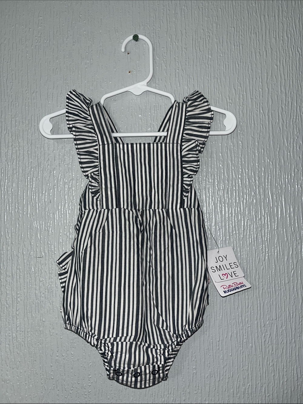NWT Ruffle Butts Navy Stripe Cross Back Ruffle Romper